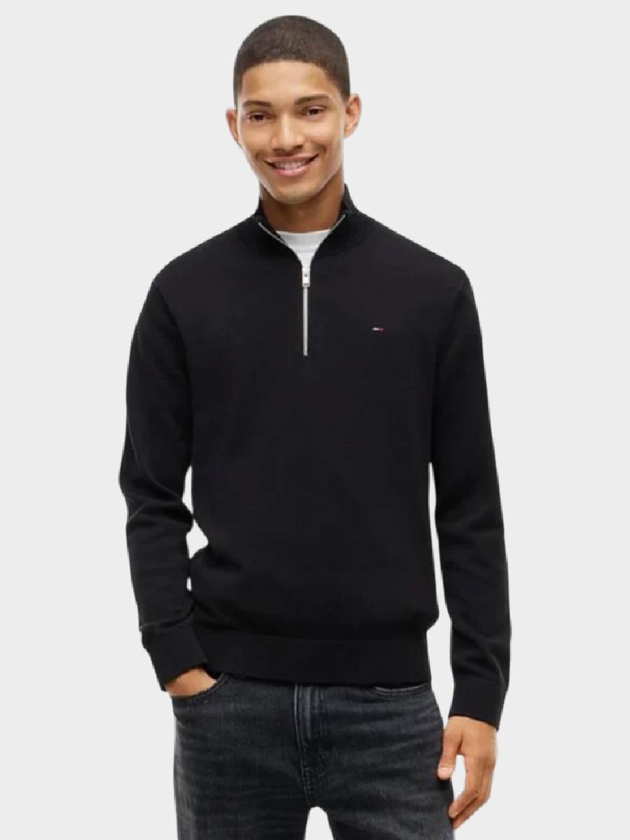 Tommy Hilfiger muški dzemper crni thdm0dm21654 bds crni džemper sa kratkim rajsferšlusom i dugim rukavima