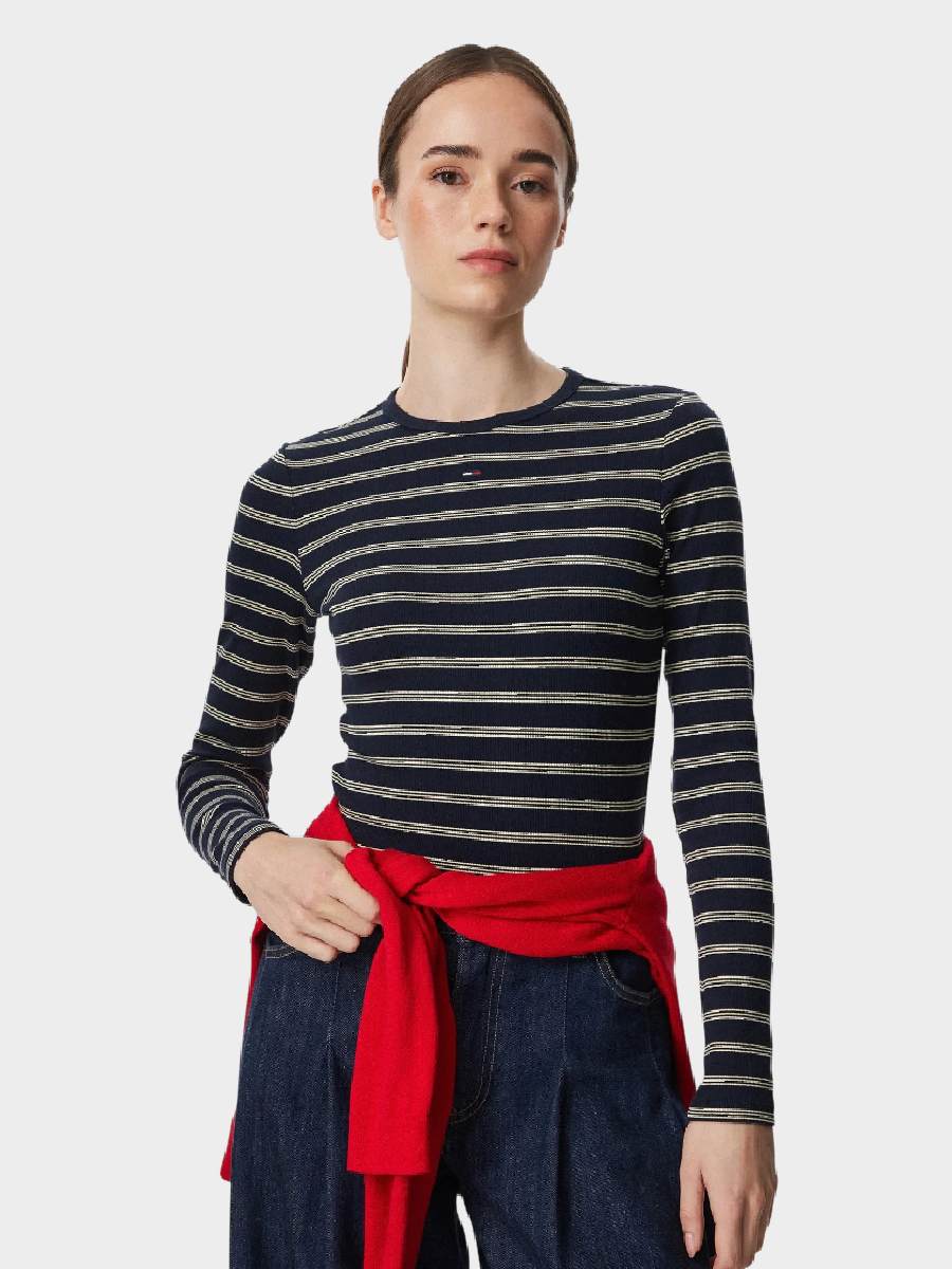 Tommy Hilfiger ženska majica teget thdw0dw17387 0x5 teget prugasta majica dugih rukava na modelu