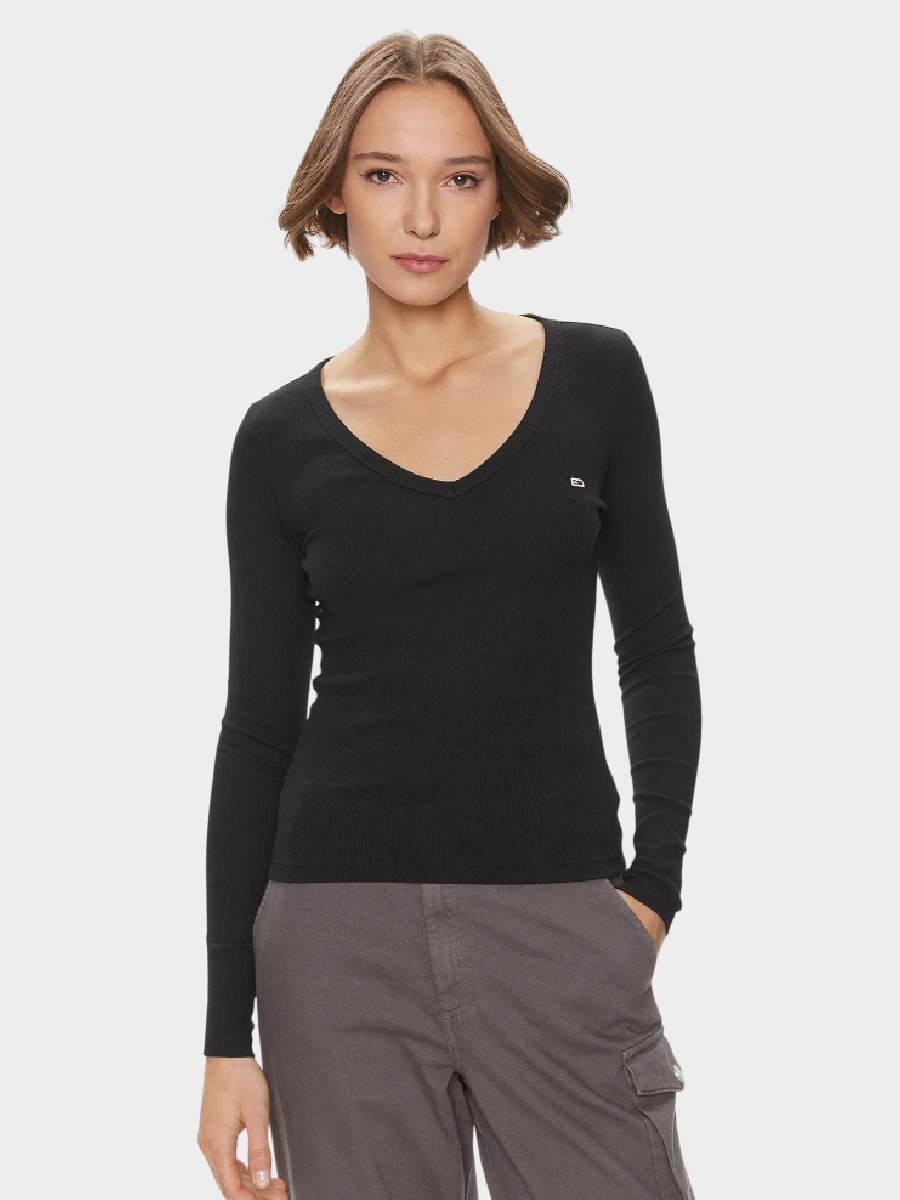 Tommy Hilfiger ženska majica crna thdw0dw17990 bds crna majica dugih rukava sa V izrezom na modelu